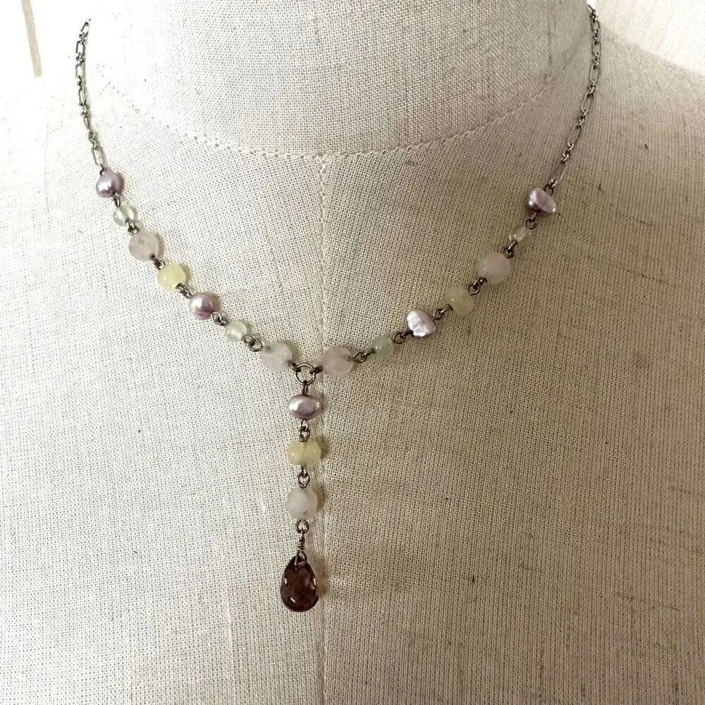 Sterling silver pink pearl and yellow beaded necklace